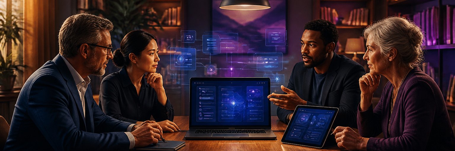 Professionals reviewing an AI system during a formal meeting