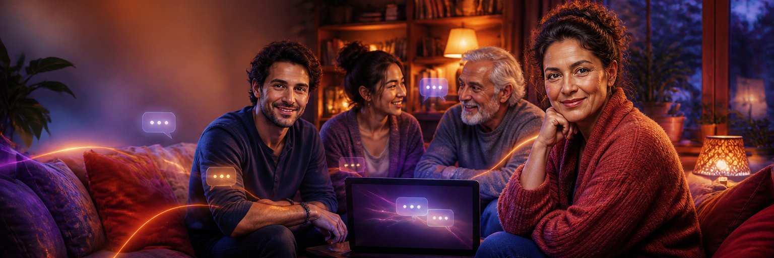 Welcoming adults looking towards the viewer around a laptop