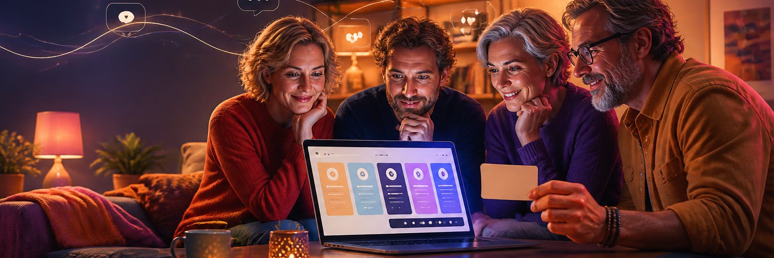 People comparing AI companion pricing options around a laptop