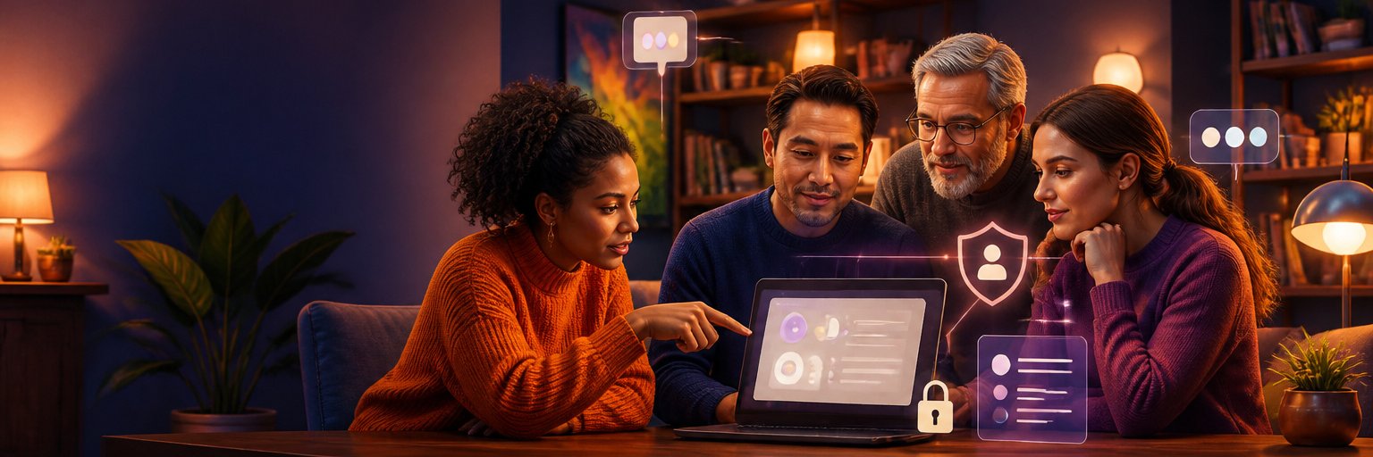 People reviewing privacy settings around a laptop