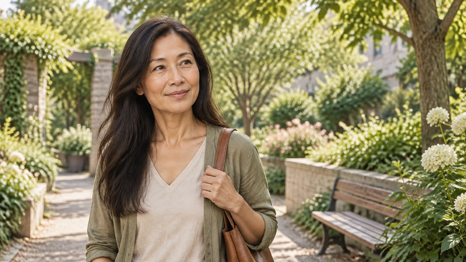 Aiko Mindfulness Amigo taking a mindful pause during a peaceful walk in a green urban garden