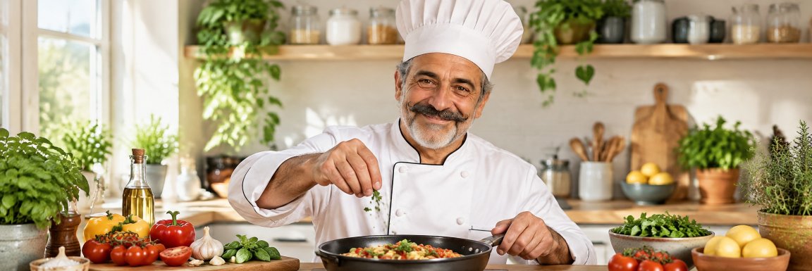 Antonio Cooking Amigo bereidt een eenvoudige maaltijd in een warme, uitnodigende keuken