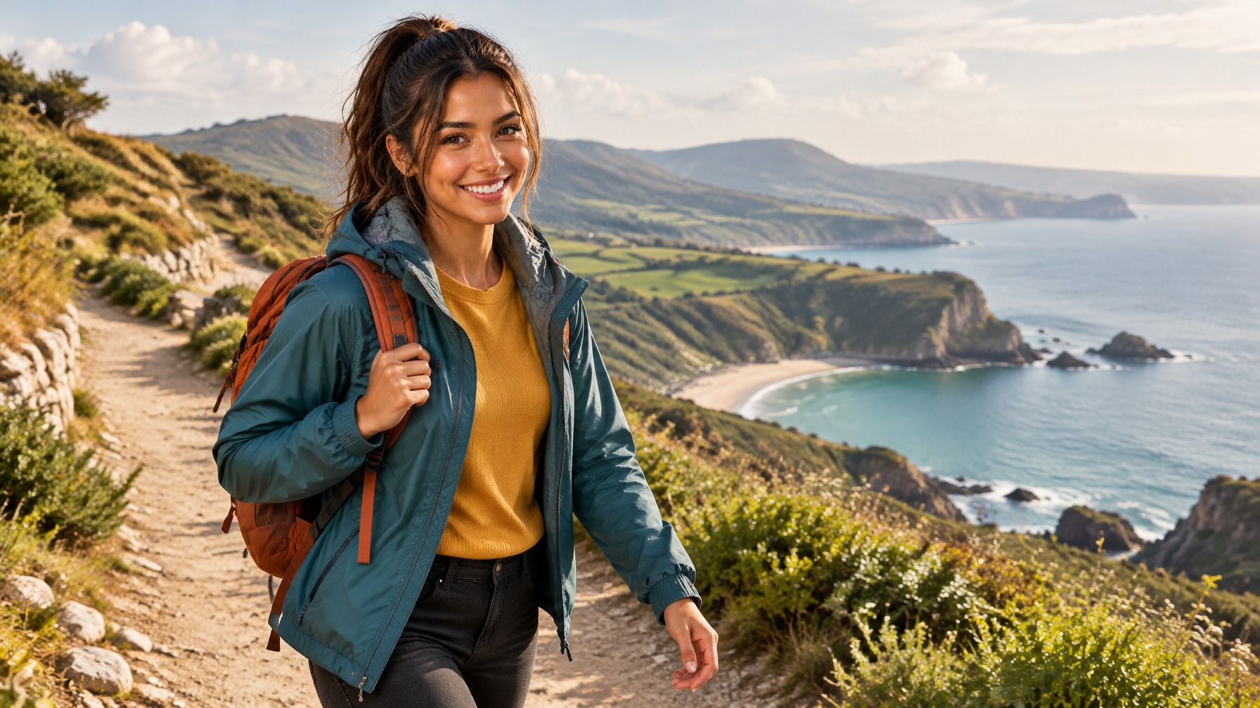 Isla Travel Amigo walking confidently along a scenic outdoor route with a beautiful natural landscape
