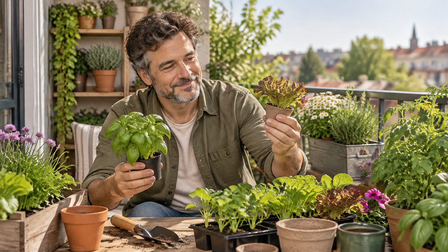 Marcel Gardening Amigo planning a productive balcony garden with herbs, flowers and container plants