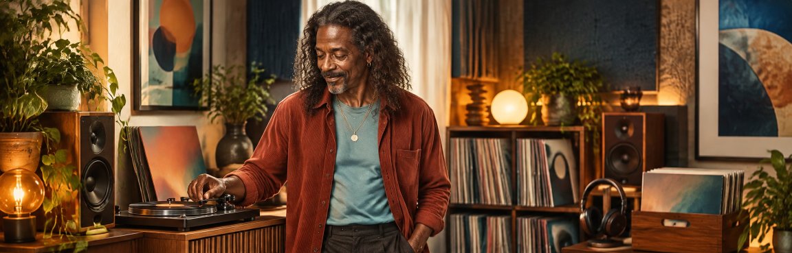 Milo Music Amigo discovering new sounds in a warm personal listening room with records and audio equipment