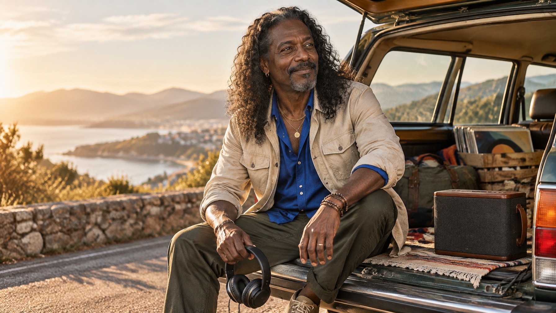 Milo Music Amigo enjoying music as part of a relaxed road-trip listening moment outdoors
